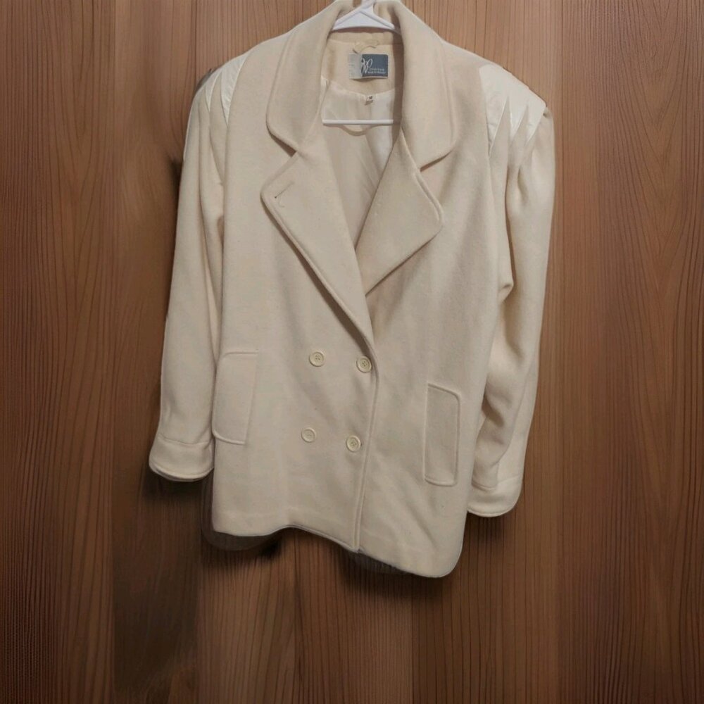 Vintage JP Collections Wool Coat Made‎ In Uruguay Leather On Sleeves Size 18